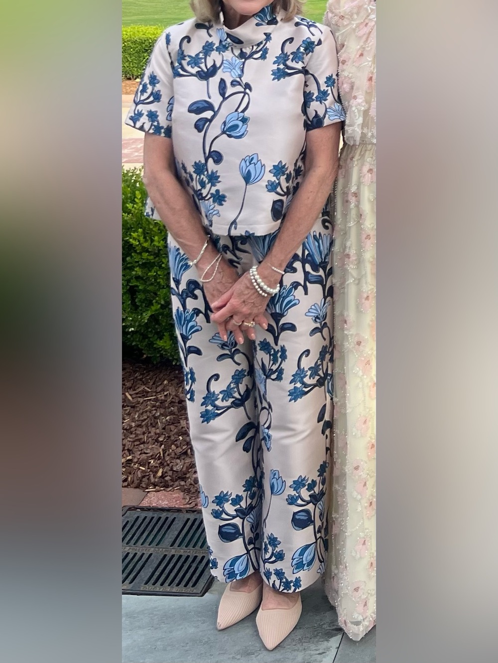 Blue Floral Wide-Leg Pants — Women's Cream Base